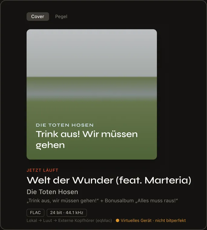 Luut auf dem Mac: Ansicht „Jetzt läuft“ mit Cover, Titelangaben, Format FLAC 24 bit 44,1 kHz und der Warteschlange daneben.