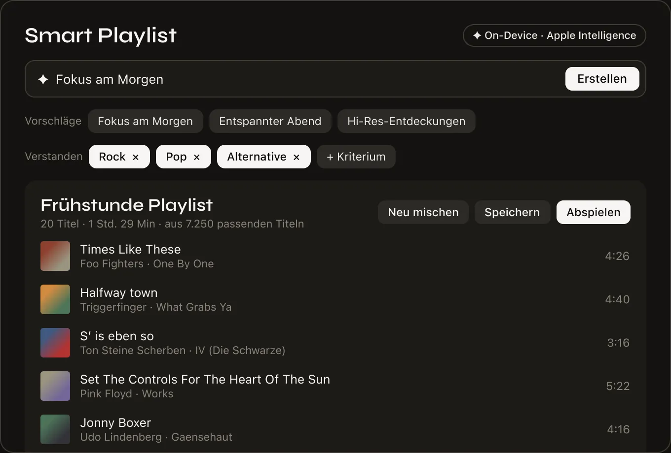 Smart Playlist „Fokus am Morgen“: erkannte Kriterien Rock, Pop und Alternative und die daraus erstellte Playlist.